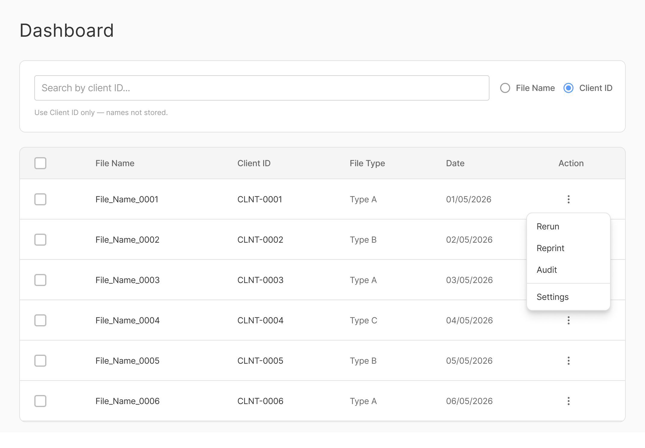 Dashboard wireframe 2 — action menu expanded